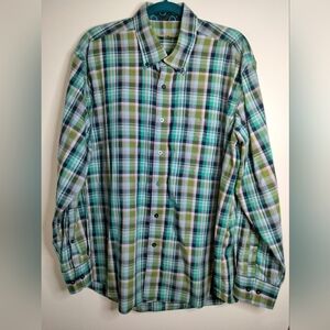 Alan Flusser (Size XL) Men's Green Plaid Button Down Front Slip Pocket LS Shirt